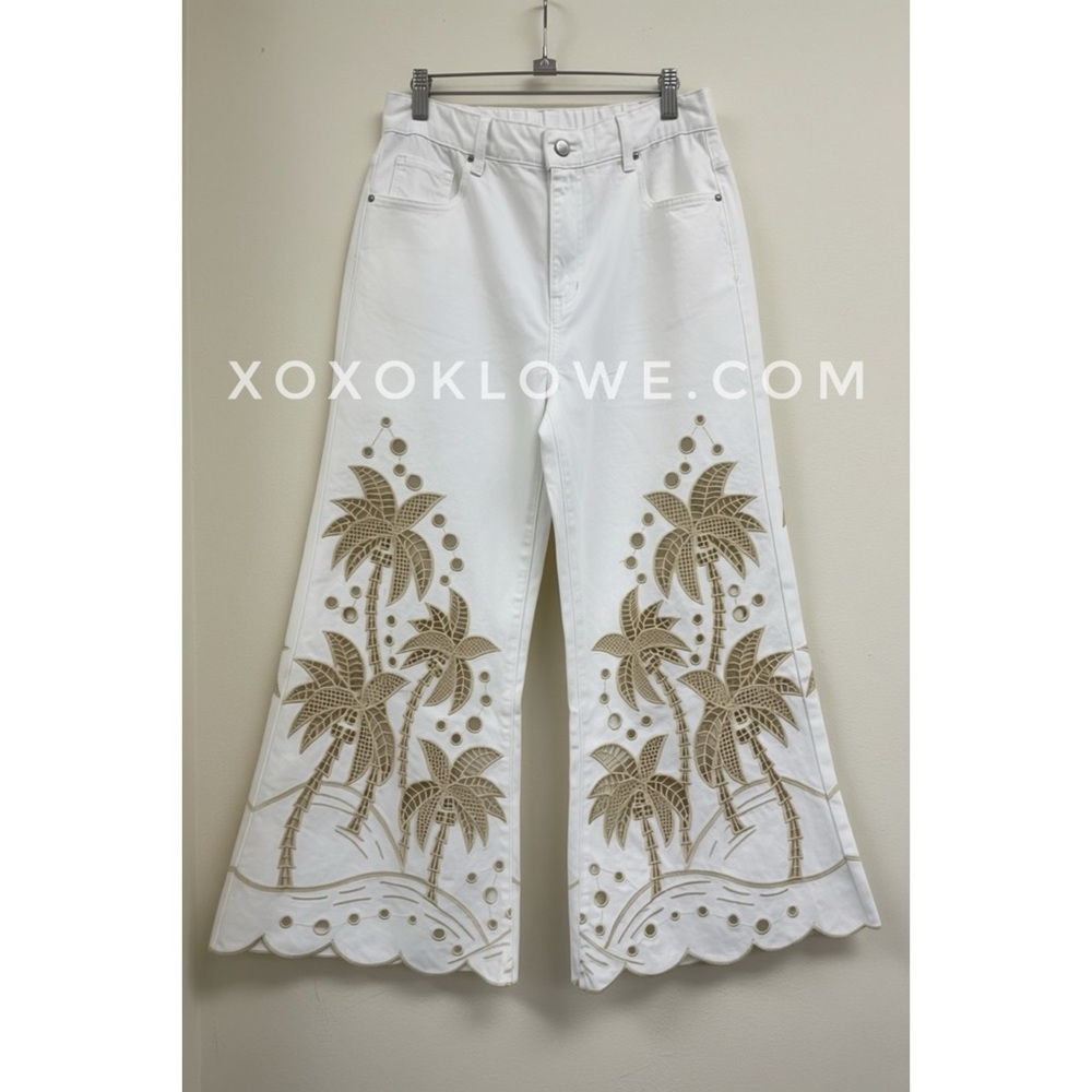 Oli & Hali Cream Palm Tree Eyelet Embroidered Wide Leg Jeans | Washed Denim